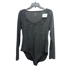NWT American‎ Eagle Women's Sz LG Black Velvet Scoop Neck Long Sleeve Bodysuit